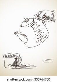 Pour tea from teapot into cup, Vector sketch, Hand drawn illustration