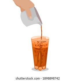 Pour Thai Green Tea From The Cup Into The Tea Into A Glass With Ice.Vector Illustration Isolated On White Background.