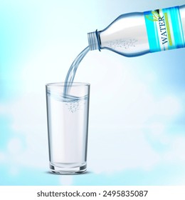 Gieße Wasser aus einer Flasche in ein Glas. Vektorillustration