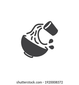 Icono vectorial de agua a cuenco. La preparación de la comida llenó el signo plano para el concepto móvil y el diseño web. Icono de glifo de instrucción de cocina. Símbolo, ilustración del logotipo. Gráficos vectoriales