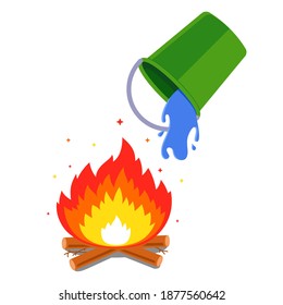 pour water from a bucket and put out a fire in the forest. flat vector illustration isolated on white background.