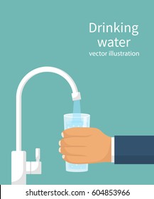 Pour water into the glass from the filter. Cup of purified water holding in hand. Vector illustration flat design. Isolated on background. Man drinking healthy beverage. Person filling up a glass.