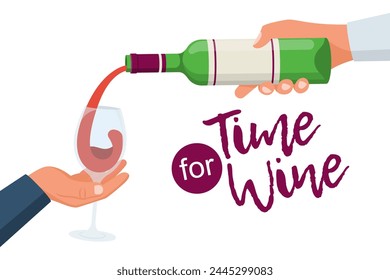 Pour wine from a bottle. The bartender holds a bottle of wine in his hand and pours it into the client's glass. Vector illustration flat design. Isolated on white background.