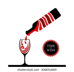 Pour the wine from the bottle into a glass. Time to wine. Bottle and glass red wine flat style. Restaurant alcoholic illustration for design. Vector illustration.