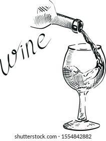 Pour wine into a glass , lettering ink hand draw illustration on white background . 