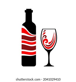 Pour the wine into a glass. Time to wine. Bottle and glass red wine graphics style. Restaurant alcoholic illustration for design. Vector illustration.