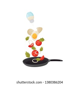 Poured egg, tomatoes and onions in the pan. Vector illustration. - Shutterstock ID 1380386204