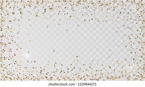 Poured golden confetti on a transparent background, a frame of gold confetti, decoration, rain of coins