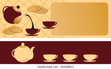 Poured from a teapot into cups and saucers tea and coffee on the tablecloth is cookies