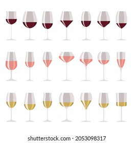 Poured wine glasses of red, white and rose wines. Transparent glass goblets and drinking glassware collection. Set of cartoon wineglass types with alcohol or soft drinks.