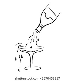 Pouring alcohol drink from bottle into glass, hand drawn illustration, doodle 