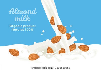 Pouring almond milk isolated on blue background. Splash and drops of milk. Vector illustration of  milk flow in cartoon flat style. Plant-based drink and nuts.  Organic Dairy Free Vegan milk.