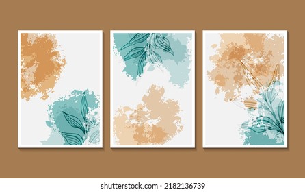 Pouring art geometric minimalist print. Modern painting abstract circle watercolor shapes with black leaves, modern acrylic ink blobs with decorative elements, business logo set in vector