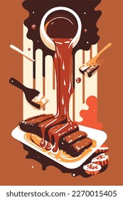 Pouring BBQ sauce on grilled ribs, steak, meat, pork. Summer American barbecue. Flat vector illustration concept