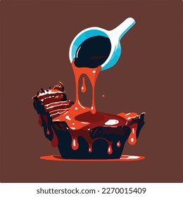 Pouring BBQ sauce on grilled ribs, steak, meat, pork. Summer American barbecue. Flat vector illustration concept