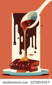 Pouring BBQ sauce on grilled ribs, steak, meat, pork. Summer American barbecue. Flat vector illustration concept