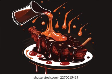 Pouring BBQ sauce on grilled ribs, steak, meat, pork. Summer American barbecue. Flat vector illustration concept