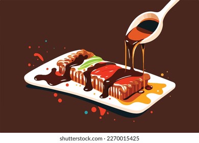Pouring BBQ sauce on grilled ribs, steak, meat, pork. Summer American barbecue. Flat vector illustration concept