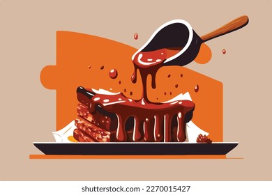 Pouring BBQ sauce on grilled ribs, steak, meat, pork. Summer American barbecue. Flat vector illustration concept