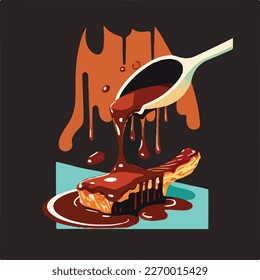 Pouring BBQ sauce on grilled ribs, steak, meat, pork. Summer American barbecue. Flat vector illustration concept