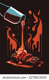 Vaciando salsa de barbacoa en costillas a la parrilla, bistec, carne, cerdo. Barbacoa veraniega americana. Concepto de ilustración vectorial plana