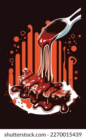 Pouring BBQ sauce on grilled ribs, steak, meat, pork. Summer American barbecue. Flat vector illustration concept
