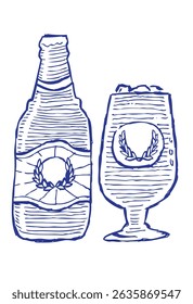Vazamento de cerveja do frasco à caneta de vidro e conceito de tinta