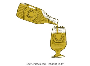 Pouring Beer from Bottle to Glass Pen and Ink concept