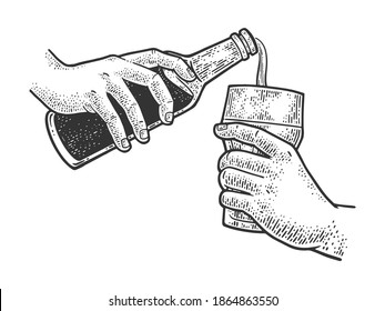 pouring beer from bottle into glass sketch engraving vector illustration. T-shirt apparel print design. Scratch board imitation. Black and white hand drawn image.