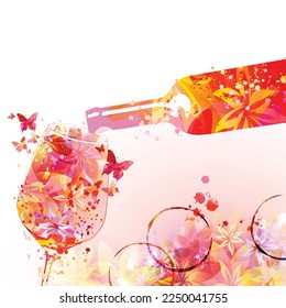 Pouring beverage from a bottle. Tilted wine bottle. Floral aroma wine in a glass. Serving alcoholic drink for celebrations and special occasions. Degustation events. Wine making craftsmanship concept