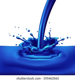 Pouring of blue paint with splashes. Bright illustration on white background 