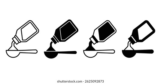 Pouring Bottle Syrup Icon Set Featuring Liquid Dispensing Into a Spoon Vector Design Illustration Set