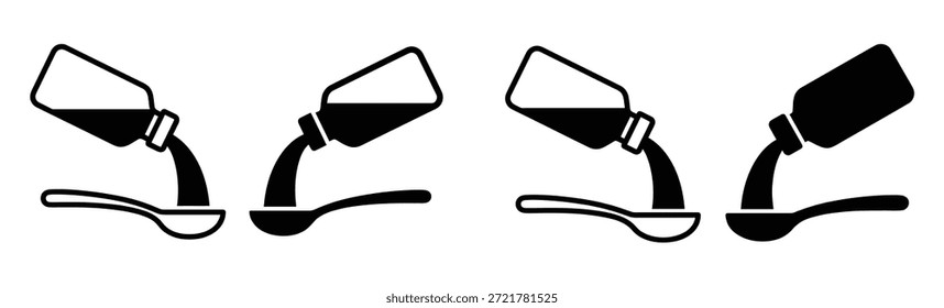 Verter el conjunto de iconos de jarabe de botella con dispensación de líquido en una cuchara Conjunto de ilustración de diseño de Vector. cucharas con botellas que vierten. 
