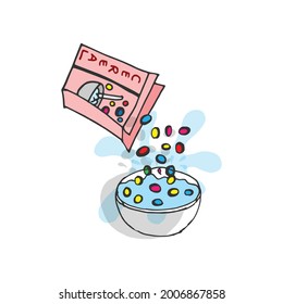 Pouring Cereal From Cereal Box Into Bowl With Milk Illustration. Healthy Breakfast. Berry Cereal. Hand Drawn Vector. Doodle Art For Logo, Label, Poster, Banner, Advertising, Cover. Sweet And Fresh. 