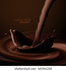 Pouring chocolate crown splash on swirling dark whirlpool background. Vector 3d illustration for food product ad poster