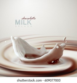 Pouring chocolate milk crown splash on swirling whirlpool creamy background. Chocolate milkshake. Vector 3d illustration. Design element for food dairy product ad poster.