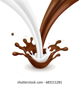 Pouring chocolate milk flow mix Chocolate cocktail splash isolated