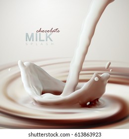 Pouring chocolate milk trickle and crown splash on swirling whirlpool creamy background. Chocolate milkshake. Vector 3d illustration. Design element for food dairy product ad poster