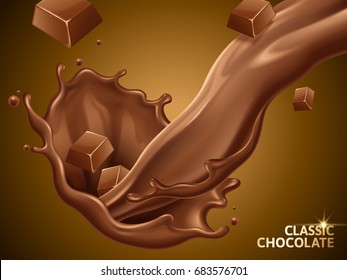 Pouring chocolate sauce elements, creamy chocolate liquid splashes in 3d illustration isolated on brown background