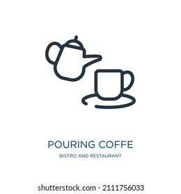 pouring coffe thin line icon. cappuccino, espresso linear icons from bistro and restaurant concept isolated outline sign. Vector illustration symbol element for web design and apps.