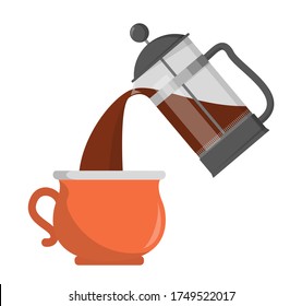 Pouring coffee from the french press in the red cup vector isolated. Hot delicious drink in glass pot. Aroma caffeine beverage.