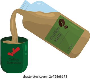 Gießen von Kaffeemilch aus einer Flasche Kaffee in einen grünen Becher, Vektorgrafik