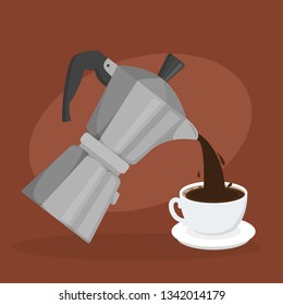 Pouring coffee from percolator into the white cup. Caffeine drink. Hot tasty beverage. Brown aroma espresso. Vector illustration in cartoon style