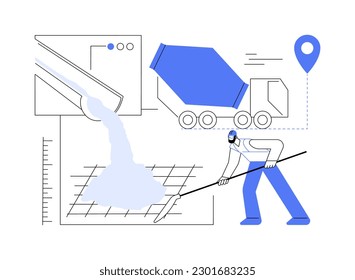 Pouring concrete abstract concept vector illustration. Builder pours the foundation with concrete, cement mixer, private house construction, excavation works, contractors job abstract metaphor.