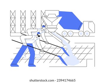 Pouring concrete abstract concept vector illustration. Commercial construction workers in uniform pouring concrete, building process, excavation work, foundation footer abstract metaphor.