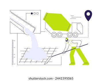 Pouring concrete abstract concept vector illustration. Builder pours the foundation with concrete, cement mixer, private house construction, excavation works, contractors job abstract metaphor.