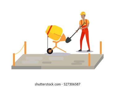 Pouring concrete man isolated on white. Modern Building. Process of Pouring Concrete. Vector poster construction and concreting, concrete mixer. Architecture poster for landing page design