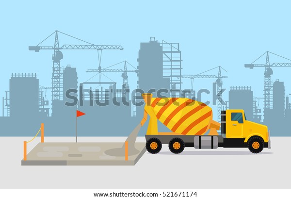 Pouring concrete on construction vector concept.\
Concrete mixing truck on building site, silhouettes of buildings\
and cranes on background. For concreting process illustrating,\
building company ad