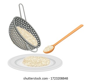 Pouring Cooked Hot Rice on Plate from Strainer Vector Illustration