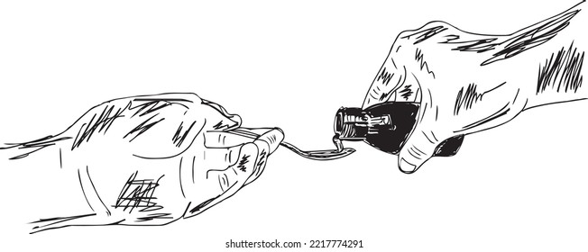 Pouring cough syrup in spoon vector illustration, Hand pouring medication or antipyretic syrup from bottle to spoon sketch drawing, healthcare, people and medicine concept.